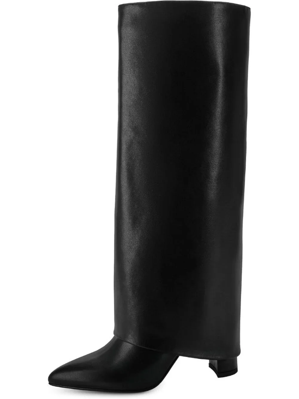 Women Black Fleece Pointed Toe Chunky Heel Faux Leather Over The Knee High Boots